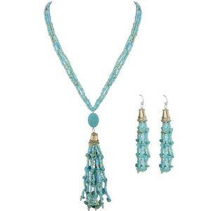 Bohemian Simulated Turquoise Beads Strand Statement Necklace & Earrings Set